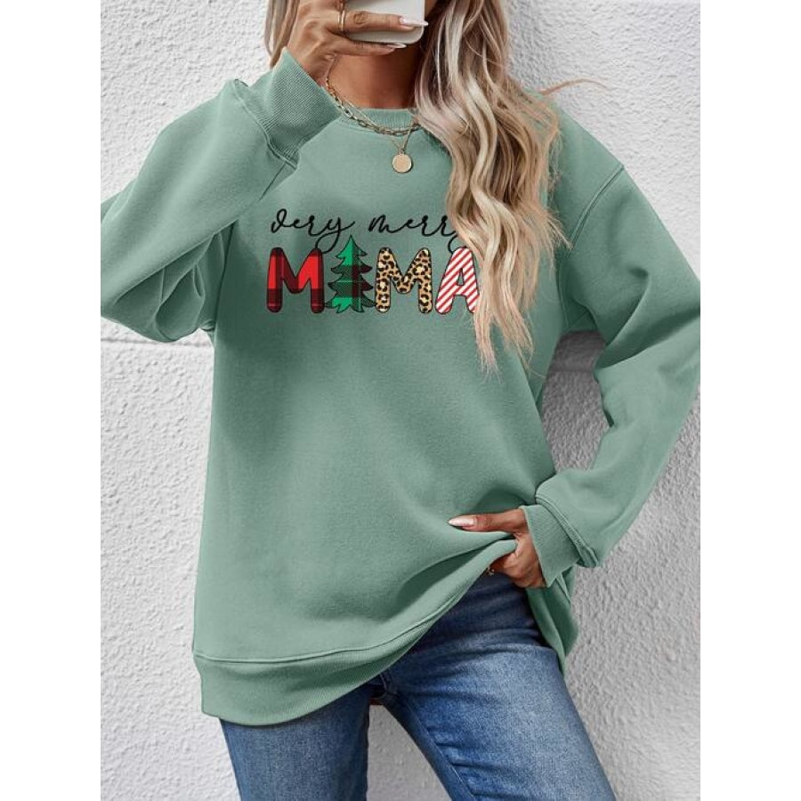 Letter Graphic Round Neck Long Sleeve Sweatshirt Sage / S Clothing