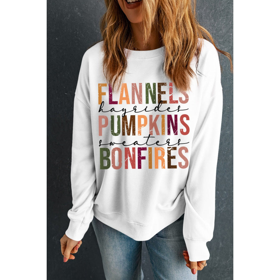 Letter Graphic Round Neck Long Sleeve Sweatshirt White / S Apparel and Accessories