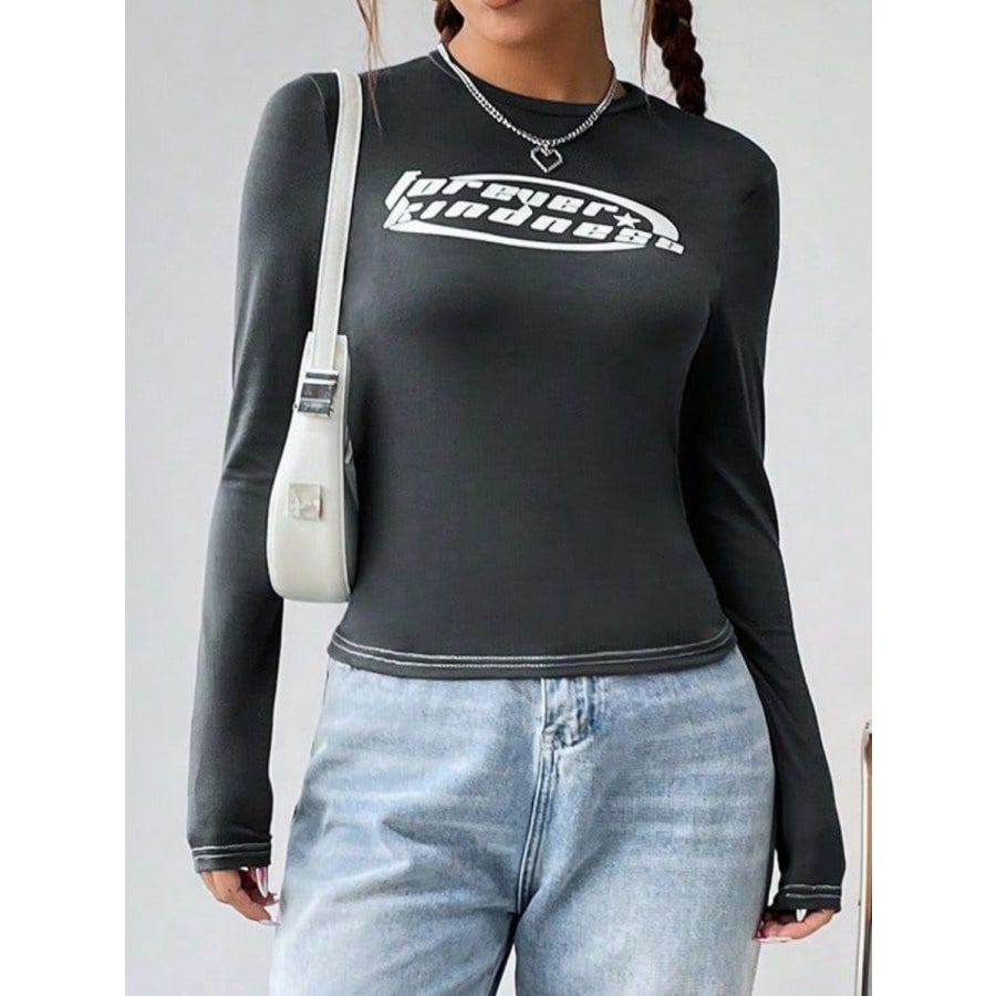 Letter Graphic Round Neck Long Sleeve T-Shirt Apparel and Accessories