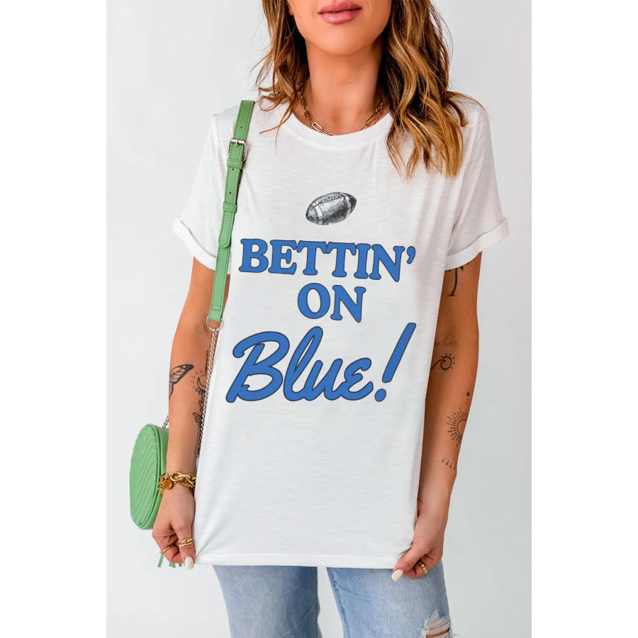 Letter Graphic Round Neck Short Sleeve T-Shirt Peacock Blue / S Apparel and Accessories