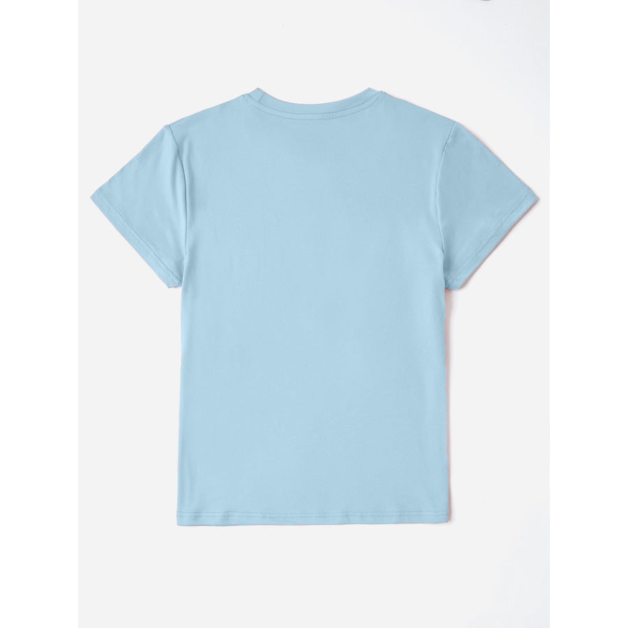 Letter Graphic Round Neck Short Sleeve T - Shirt Misty Blue / S Apparel and Accessories