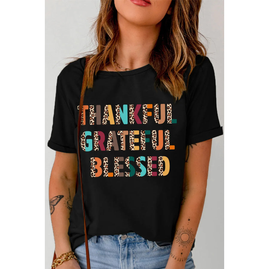 Letter Graphic Round Neck Short Sleeve T-Shirt Black / S Apparel and Accessories