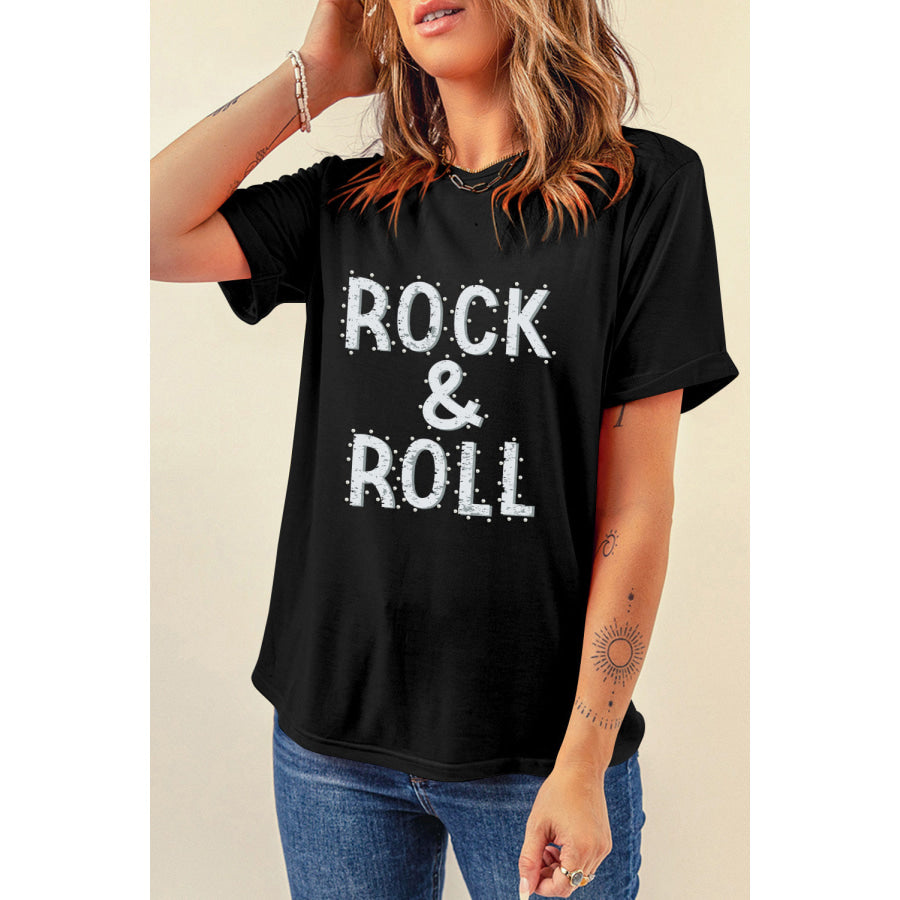 Letter Graphic Round Neck Short Sleeve T - Shirt Black / S Apparel and Accessories