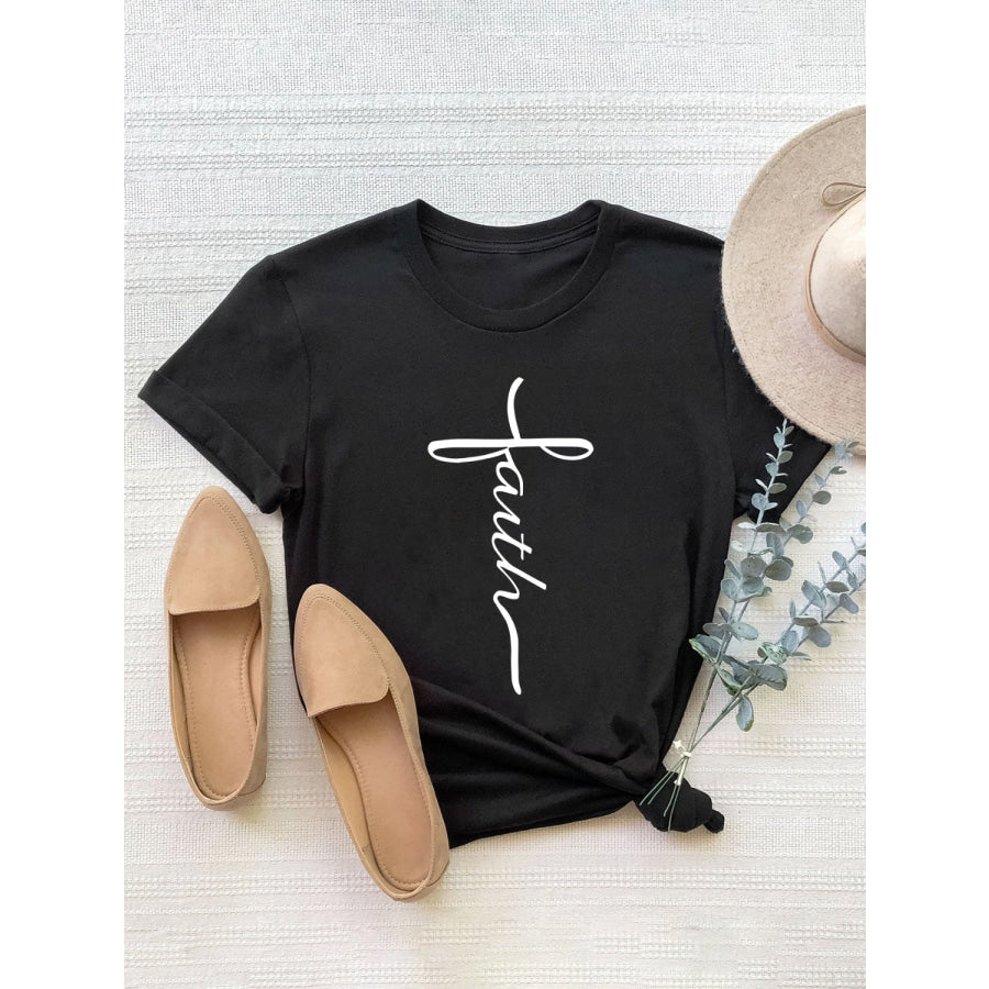 Letter Graphic Round Neck Short Sleeve T-Shirt Black / S Apparel and Accessories