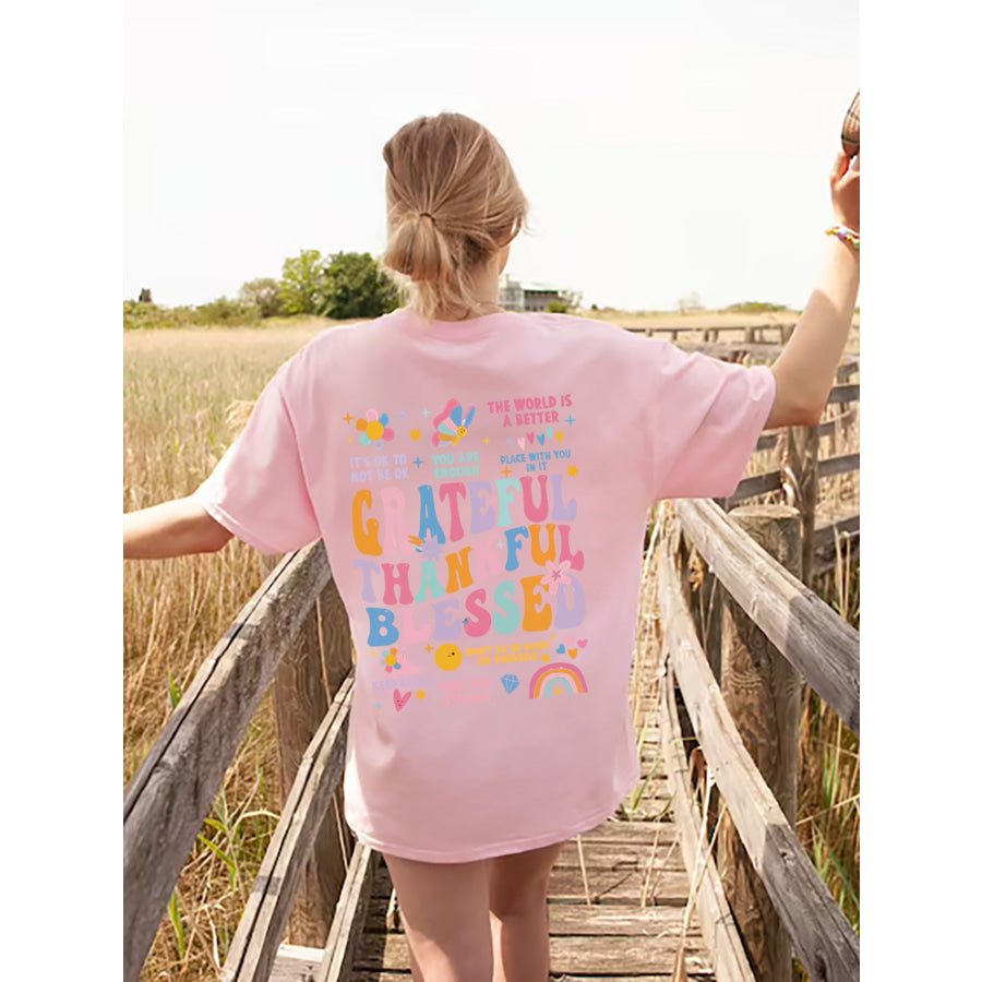 Letter Graphic Round Neck Short Sleeve T - Shirt Blush Pink / S Apparel and Accessories