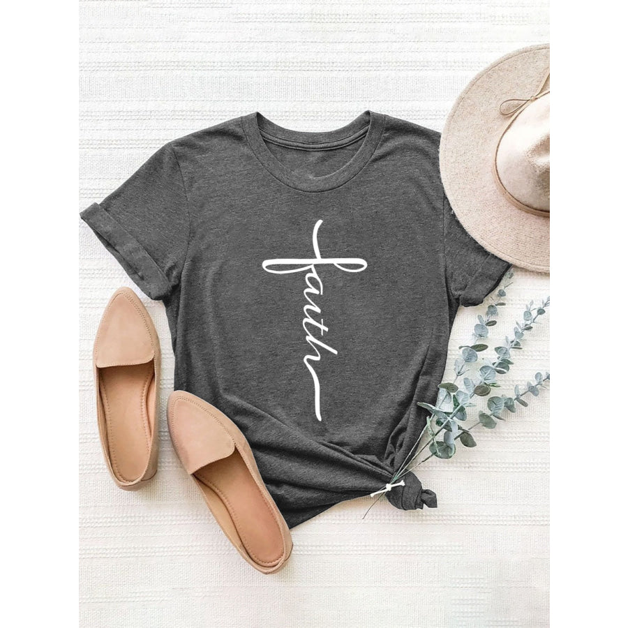 Letter Graphic Round Neck Short Sleeve T-Shirt Dark Gray / S Apparel and Accessories