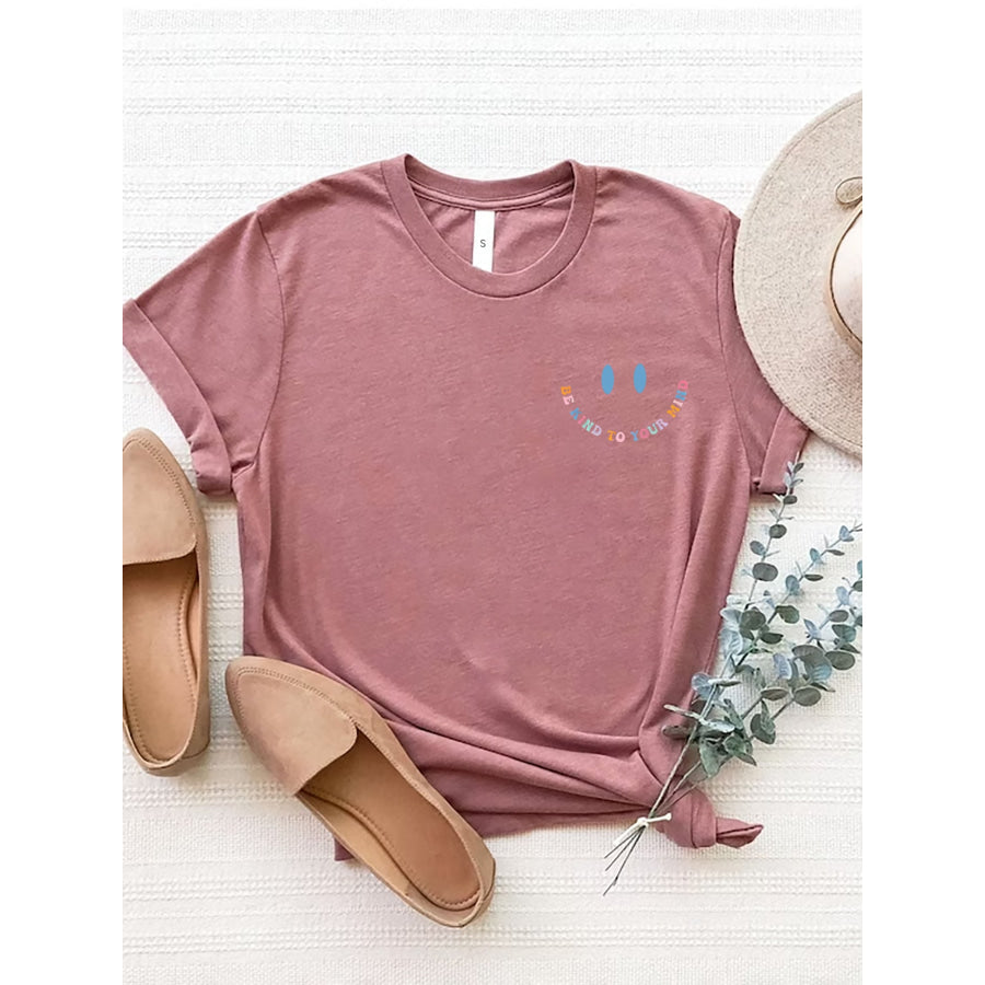 Letter Graphic Round Neck Short Sleeve T - Shirt Light Mauve / S Apparel and Accessories