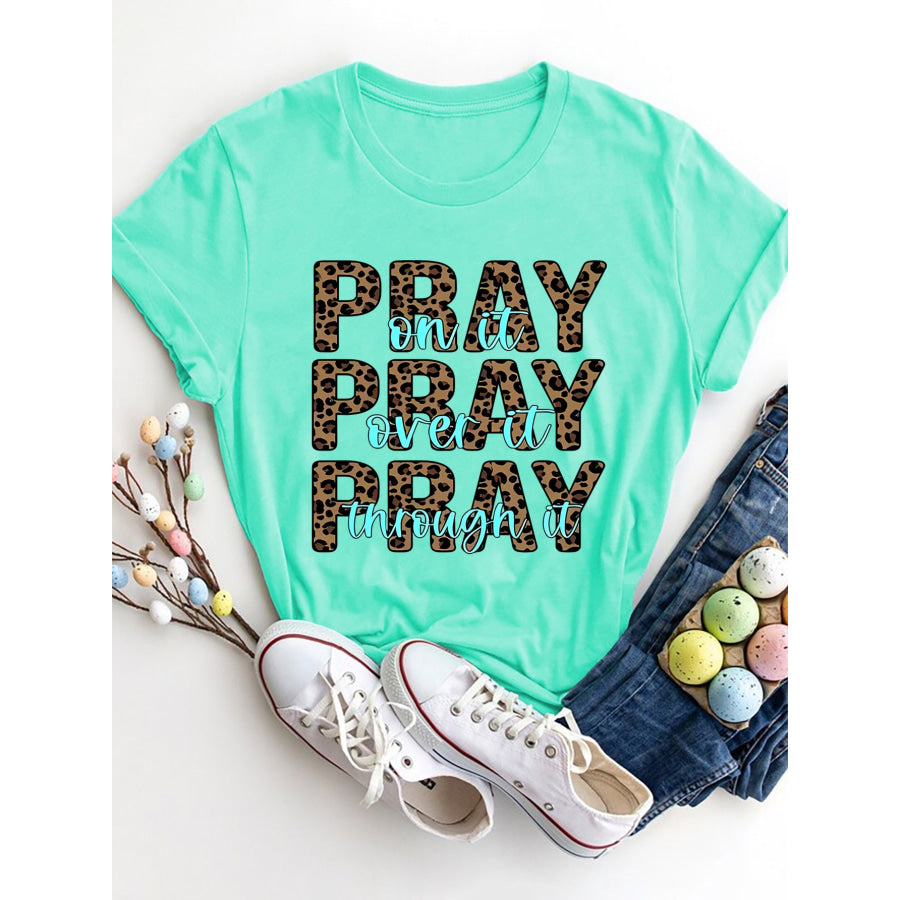 Letter Graphic Round Neck Short Sleeve T - Shirt Tiffany Blue / S Apparel and Accessories