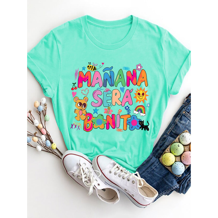 Letter Graphic Round Neck Short Sleeve T - Shirt Tiffany Blue / S Apparel and Accessories