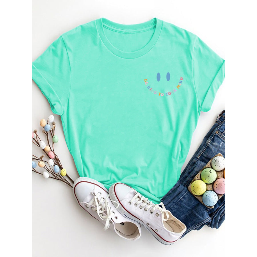 Letter Graphic Round Neck Short Sleeve T - Shirt Tiffany Blue / S Apparel and Accessories