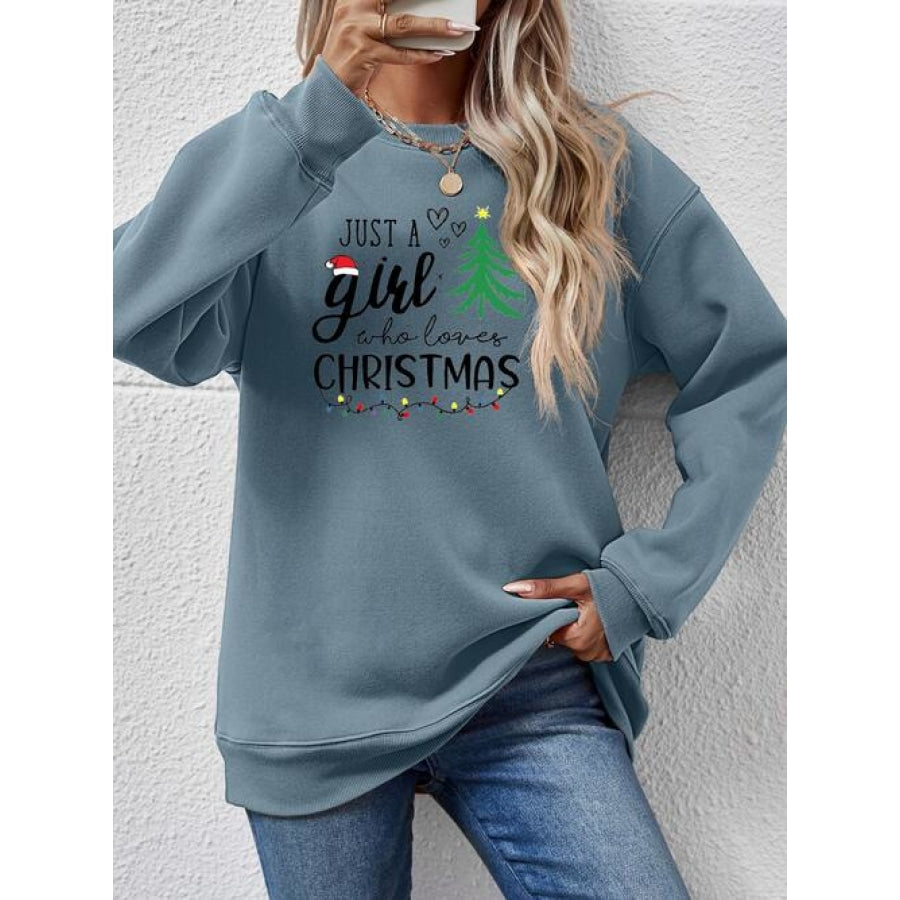 Letter Graphic Round Neck Sweatshirt French Blue / S Clothing