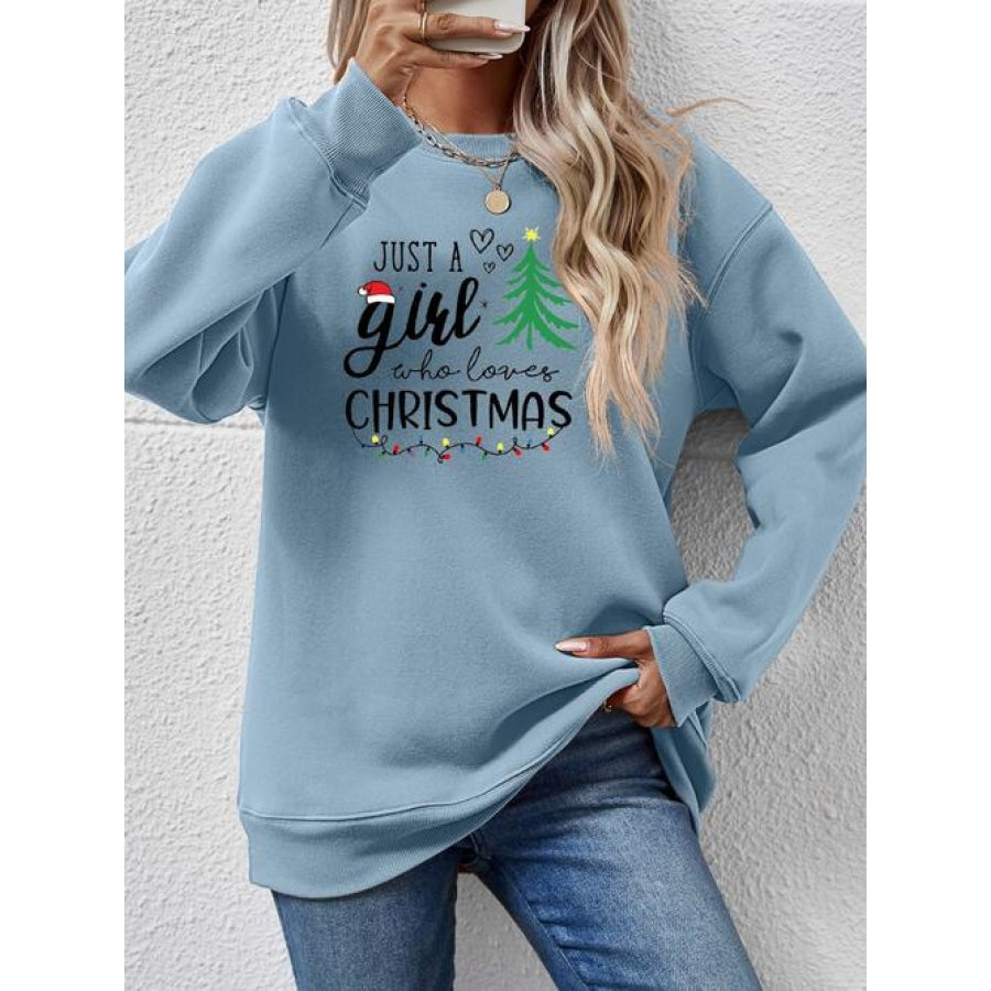 Letter Graphic Round Neck Sweatshirt Misty Blue / S Clothing