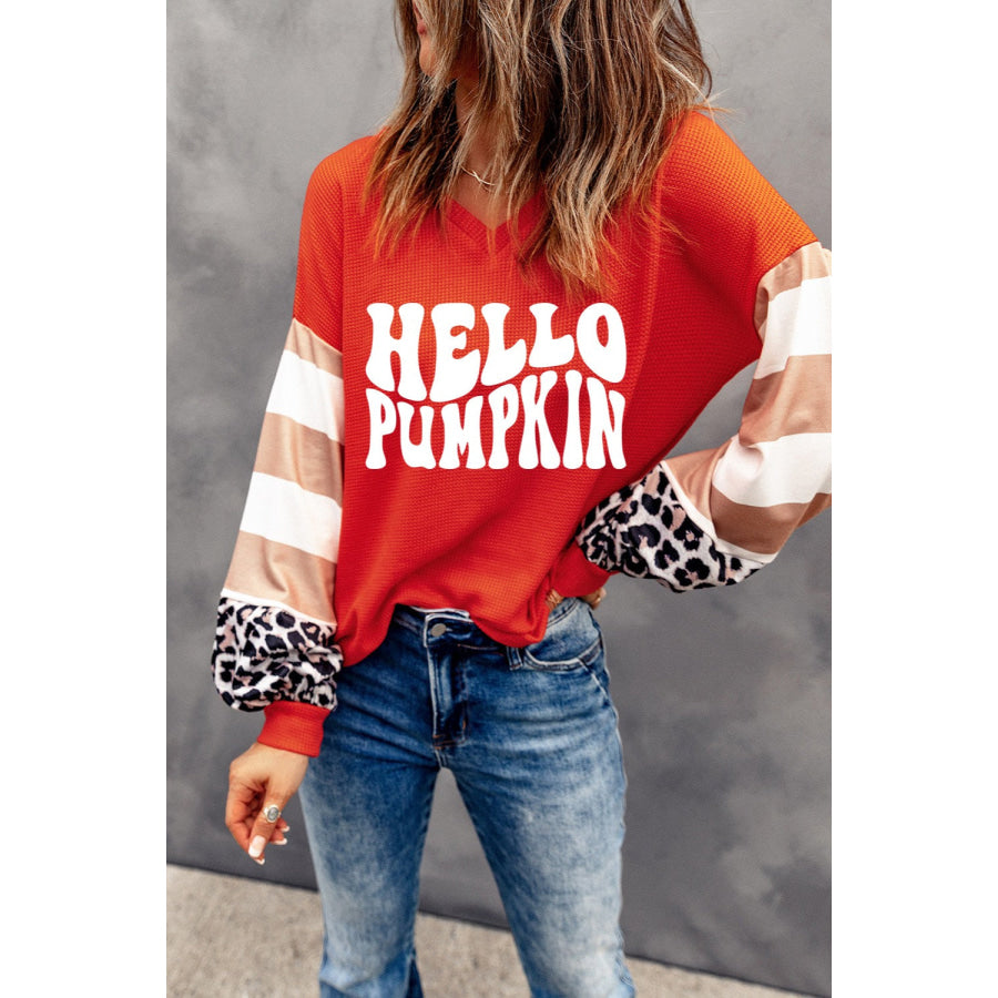 Letter Graphic V-Neck Long Sleeve Top Orange / S Apparel and Accessories