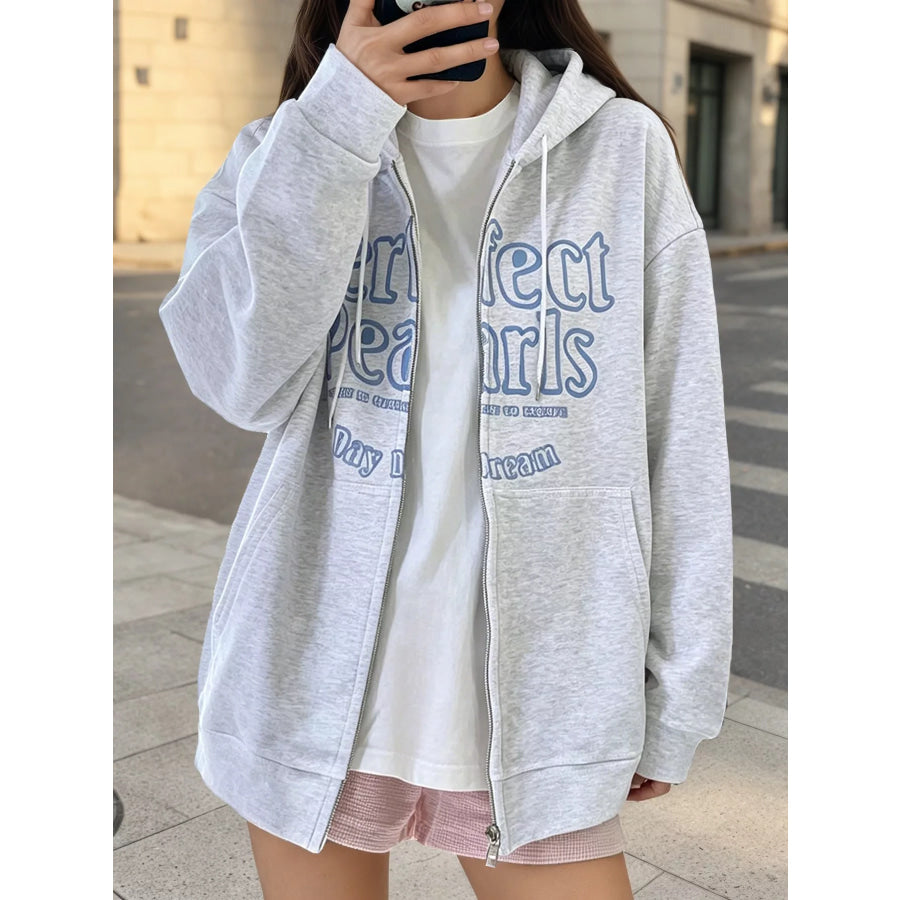 Letter Graphic Zip-Up Hoodie Gray / M Apparel and Accessories