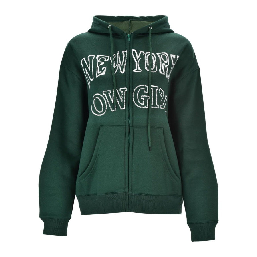 Letter Graphic Zip Up Long Sleeve Hooded Jacket Dark Green / S Apparel and Accessories