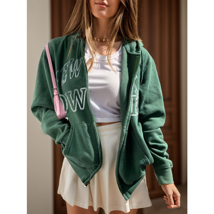 Letter Graphic Zip Up Long Sleeve Hooded Jacket Dark Green / S Apparel and Accessories