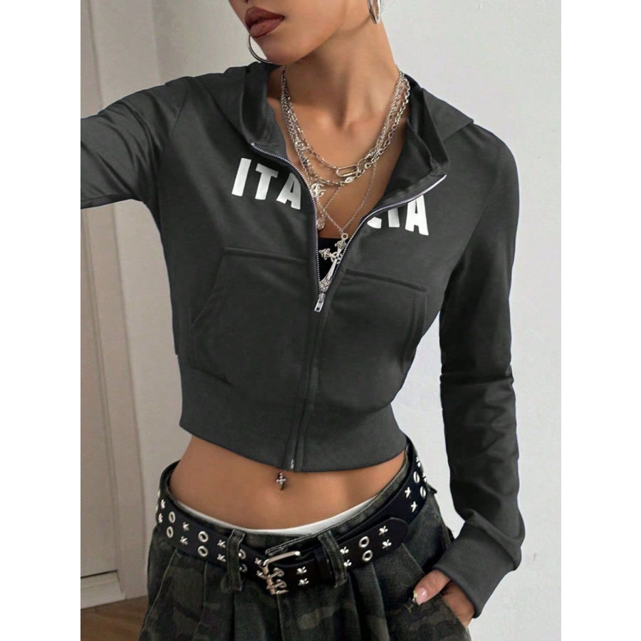 Letter Graphic Zip Up Long Sleeve Hoodie Apparel and Accessories