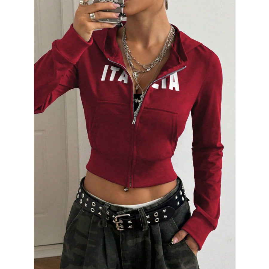 Letter Graphic Zip Up Long Sleeve Hoodie Deep Red / S Apparel and Accessories