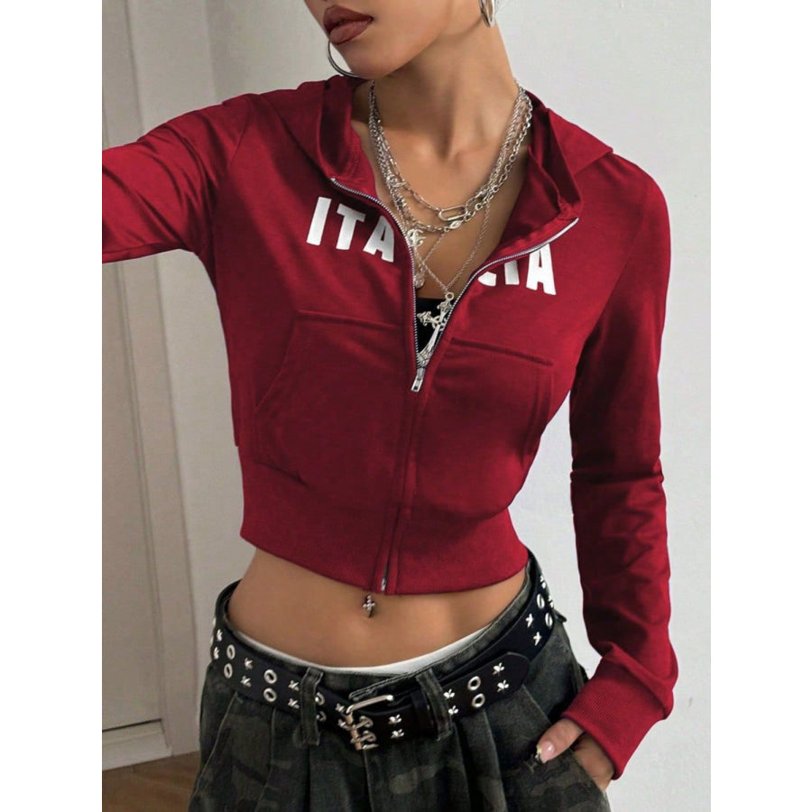 Letter Graphic Zip Up Long Sleeve Hoodie Apparel and Accessories