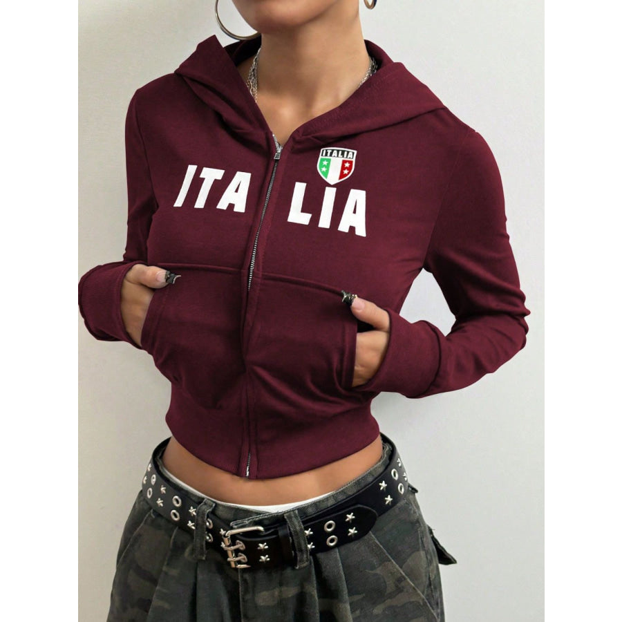 Letter Graphic Zip Up Long Sleeve Hoodie Burgundy / S Apparel and Accessories