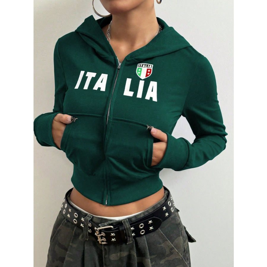 Letter Graphic Zip Up Long Sleeve Hoodie Dark Green / S Apparel and Accessories