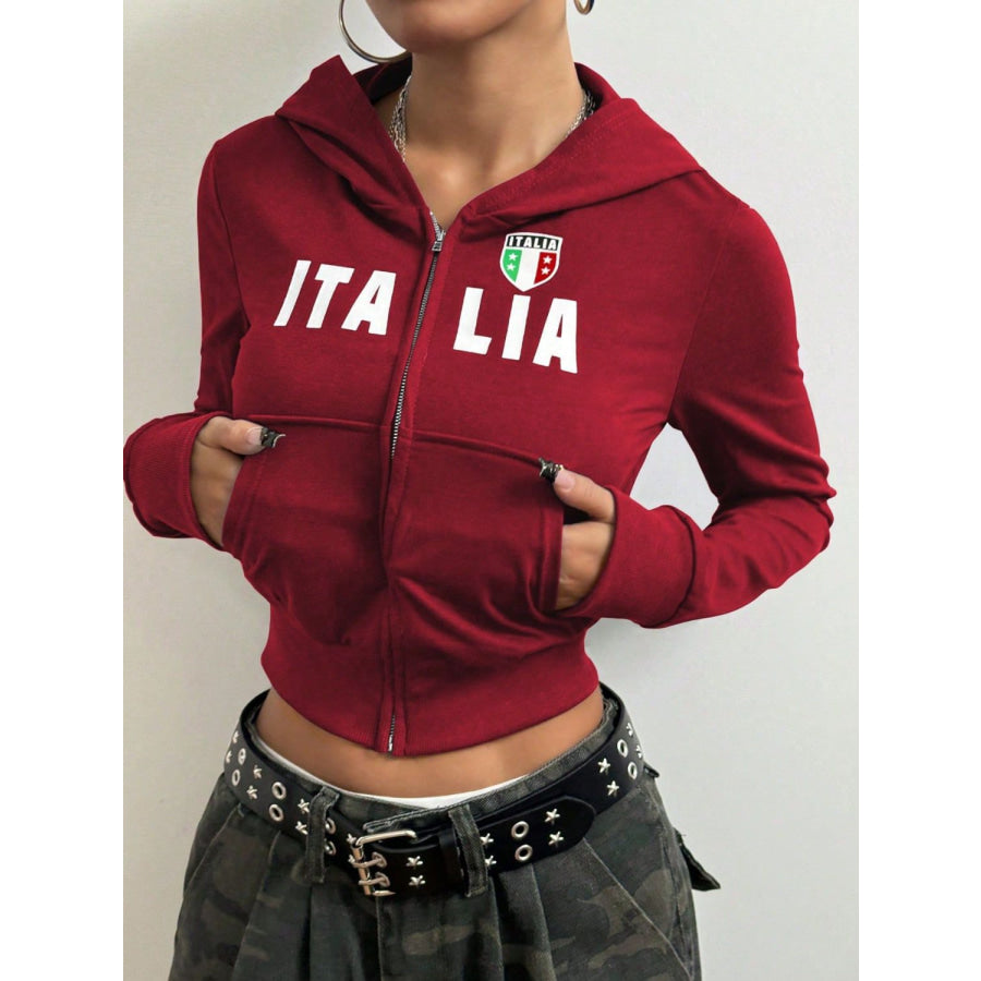 Letter Graphic Zip Up Long Sleeve Hoodie Deep Red / S Apparel and Accessories