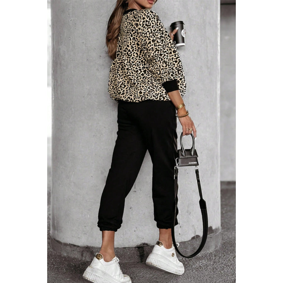 Letter M Leopard Round Neck Top and Pants Set Apparel and Accessories