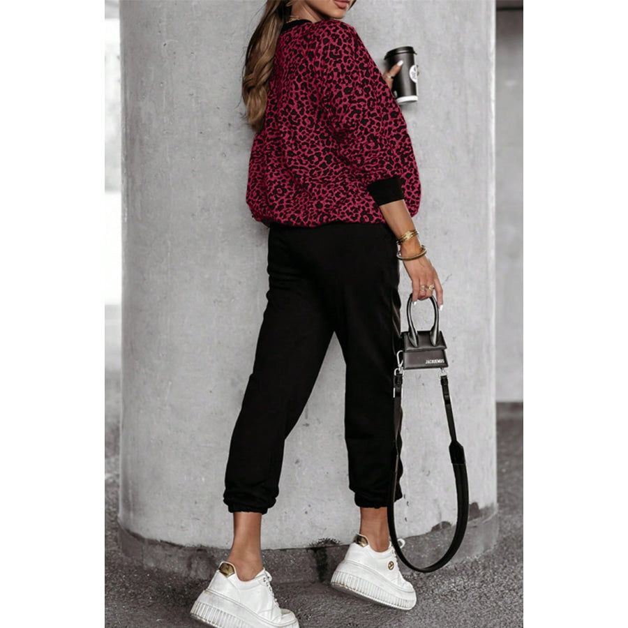 Letter M Leopard Round Neck Top and Pants Set Apparel and Accessories