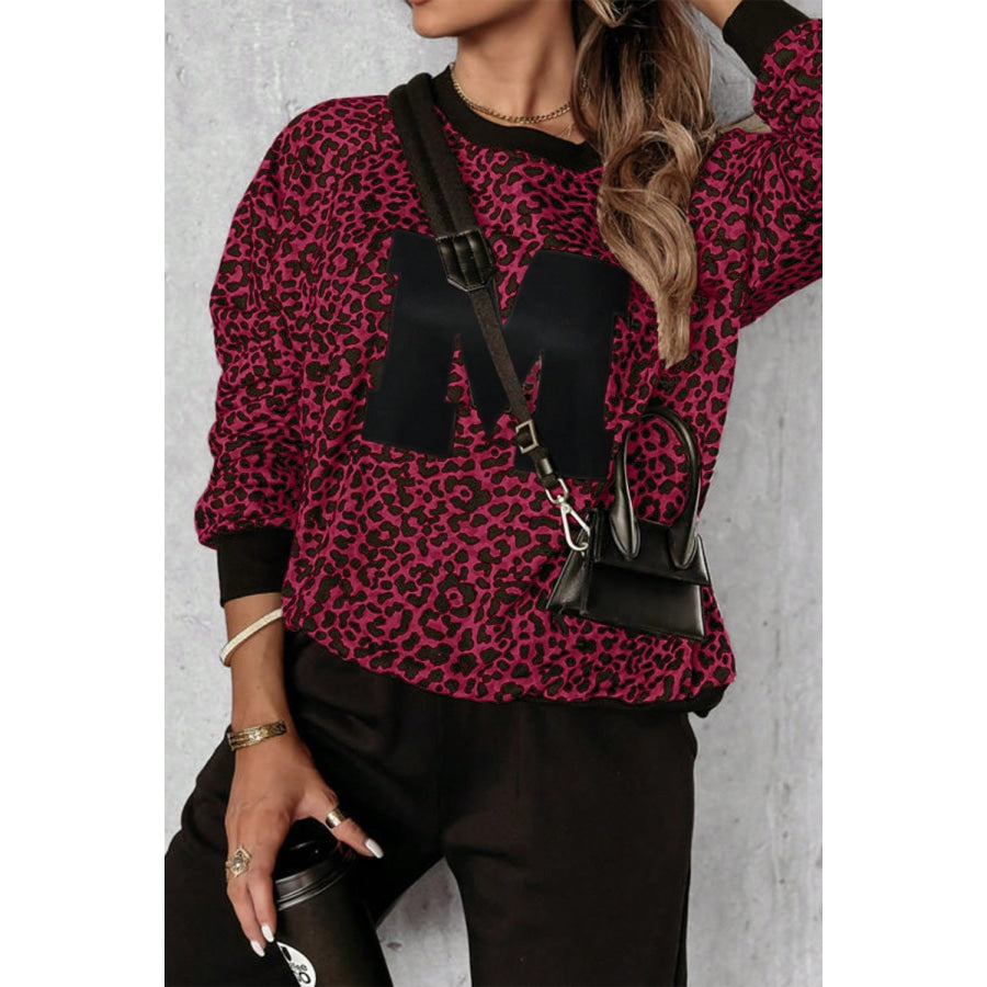 Letter M Leopard Round Neck Top and Pants Set Apparel and Accessories