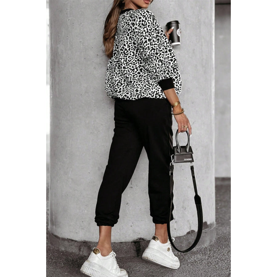 Letter M Leopard Round Neck Top and Pants Set Apparel and Accessories