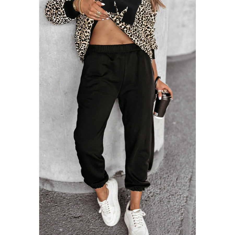 Letter M Leopard Round Neck Top and Pants Set Apparel and Accessories