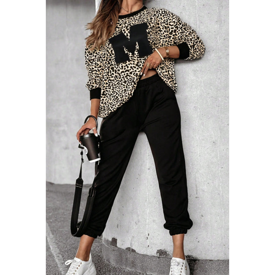 Letter M Leopard Round Neck Top and Pants Set Tan / S Apparel and Accessories