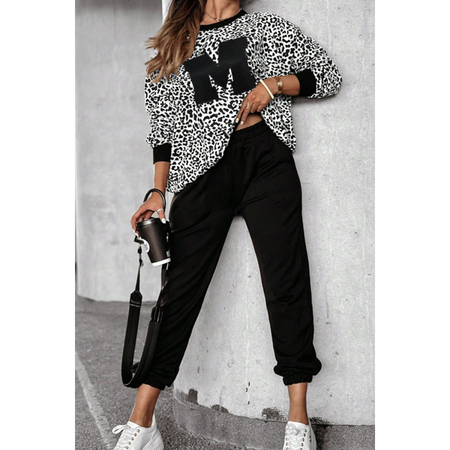 Letter M Leopard Round Neck Top and Pants Set White / S Apparel and Accessories