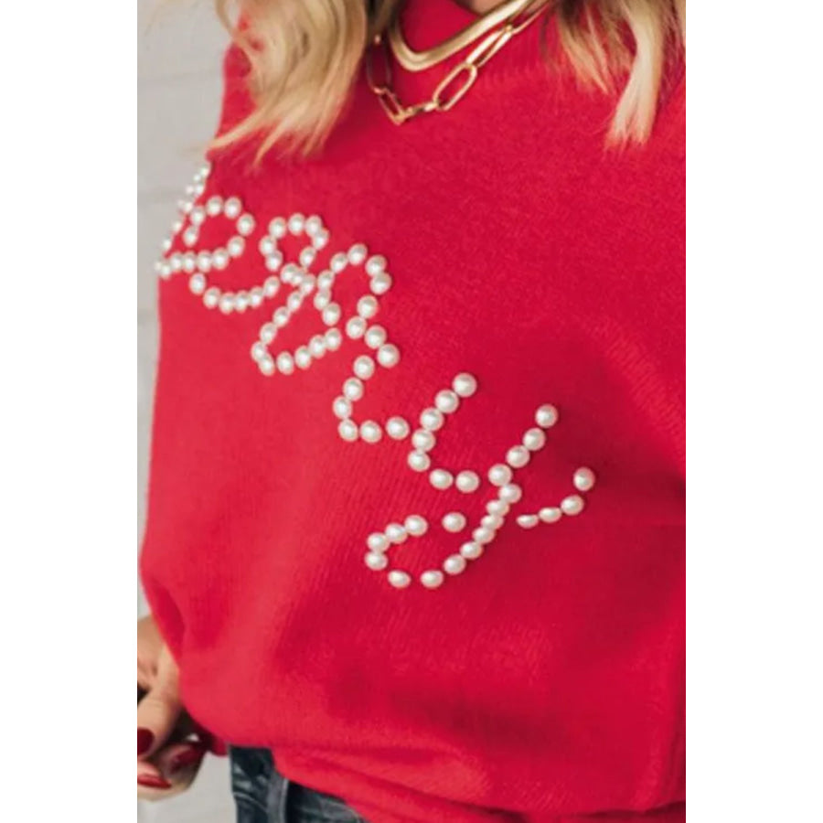 Letter Pearl Detail Round Neck Long Sleeve Sweater Deep Red / S Apparel and Accessories