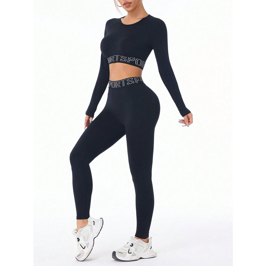 Letter Print Round Neck Long Sleeve Top and Leggings Active Set Apparel and Accessories