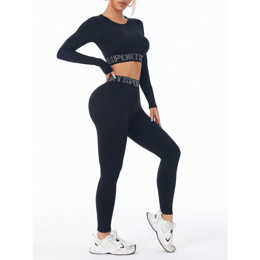 Letter Print Round Neck Long Sleeve Top and Leggings Active Set Apparel and Accessories