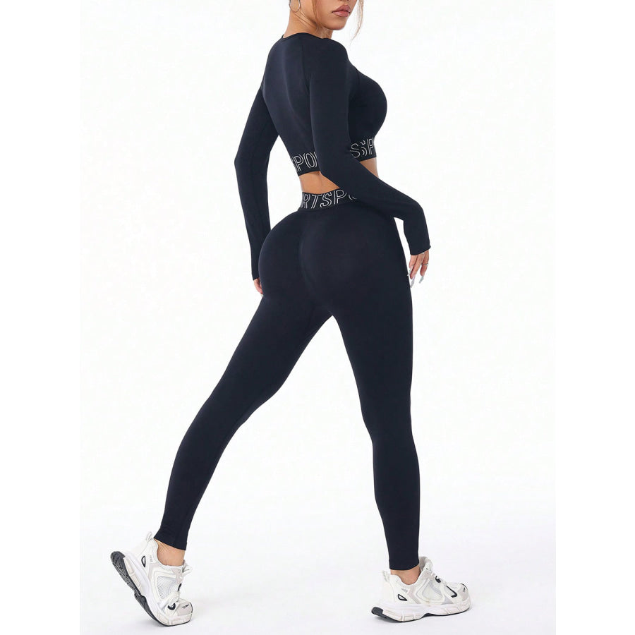 Letter Print Round Neck Long Sleeve Top and Leggings Active Set Apparel and Accessories