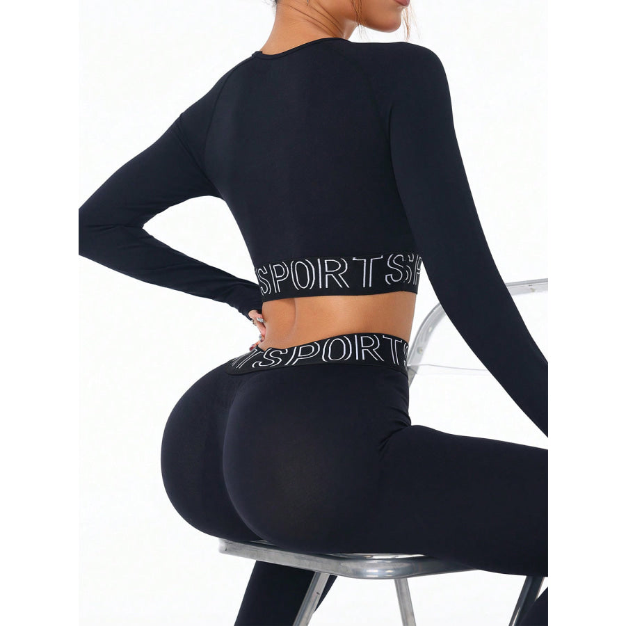 Letter Print Round Neck Long Sleeve Top and Leggings Active Set Apparel and Accessories