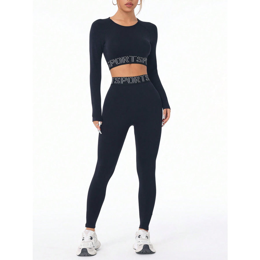 Letter Print Round Neck Long Sleeve Top and Leggings Active Set Black / S Apparel and Accessories