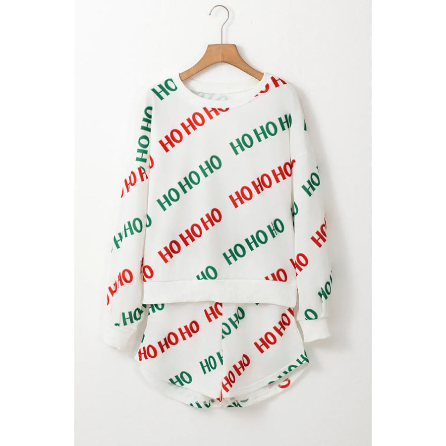Letter Print Round Neck Long Sleeve Top and Shorts Set White / S Apparel and Accessories
