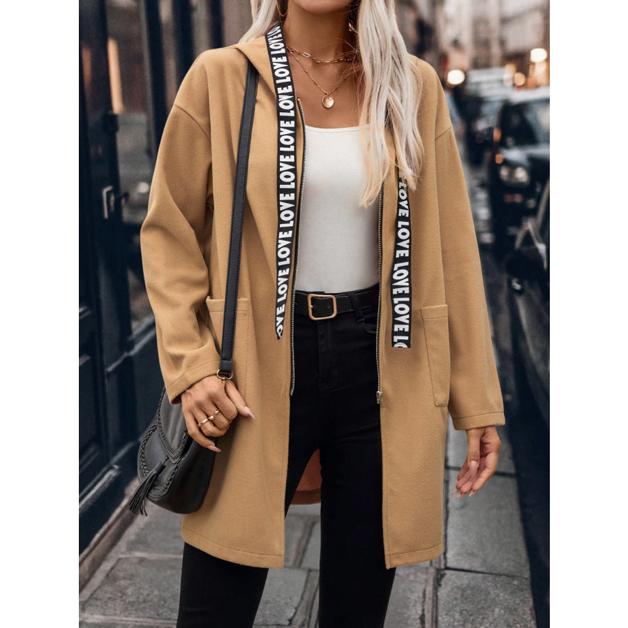 Letter Print Strap Zip Up Hooded Trench Coat Apparel and Accessories