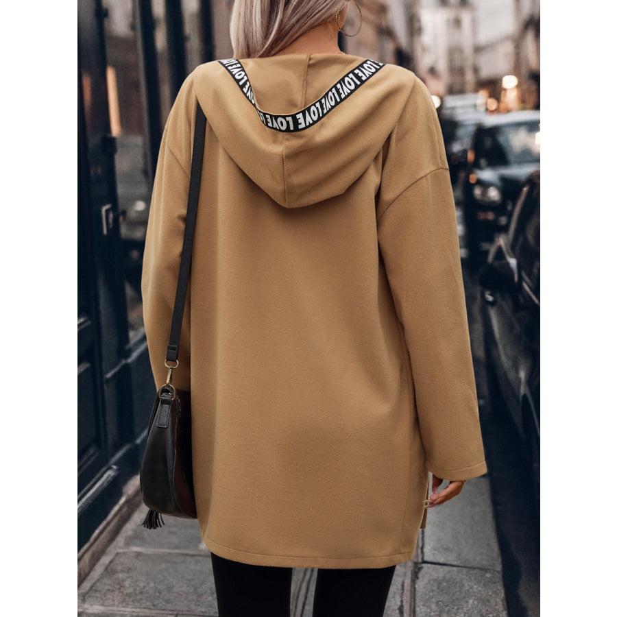 Letter Print Strap Zip Up Hooded Trench Coat Caramel / S Apparel and Accessories