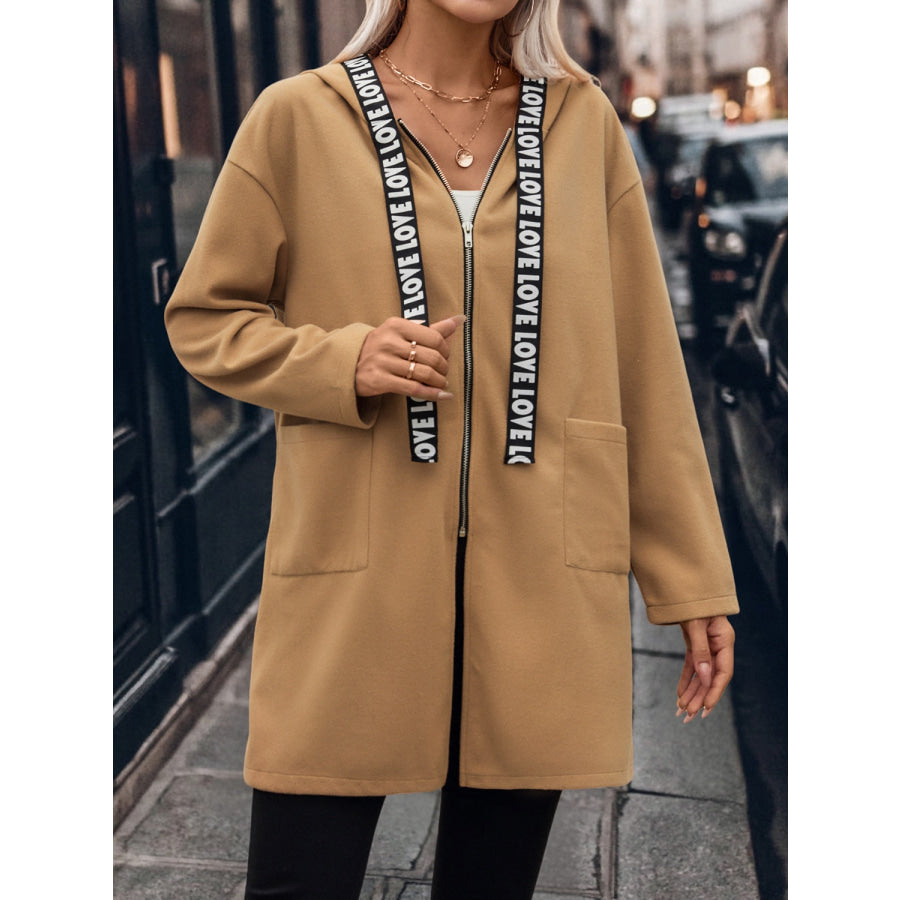 Letter Print Strap Zip Up Hooded Trench Coat Apparel and Accessories