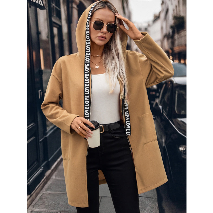 Letter Print Strap Zip Up Hooded Trench Coat Apparel and Accessories