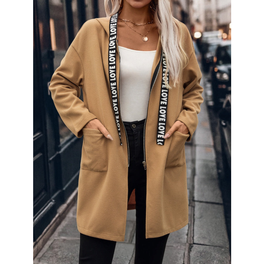 Letter Print Strap Zip Up Hooded Trench Coat Apparel and Accessories