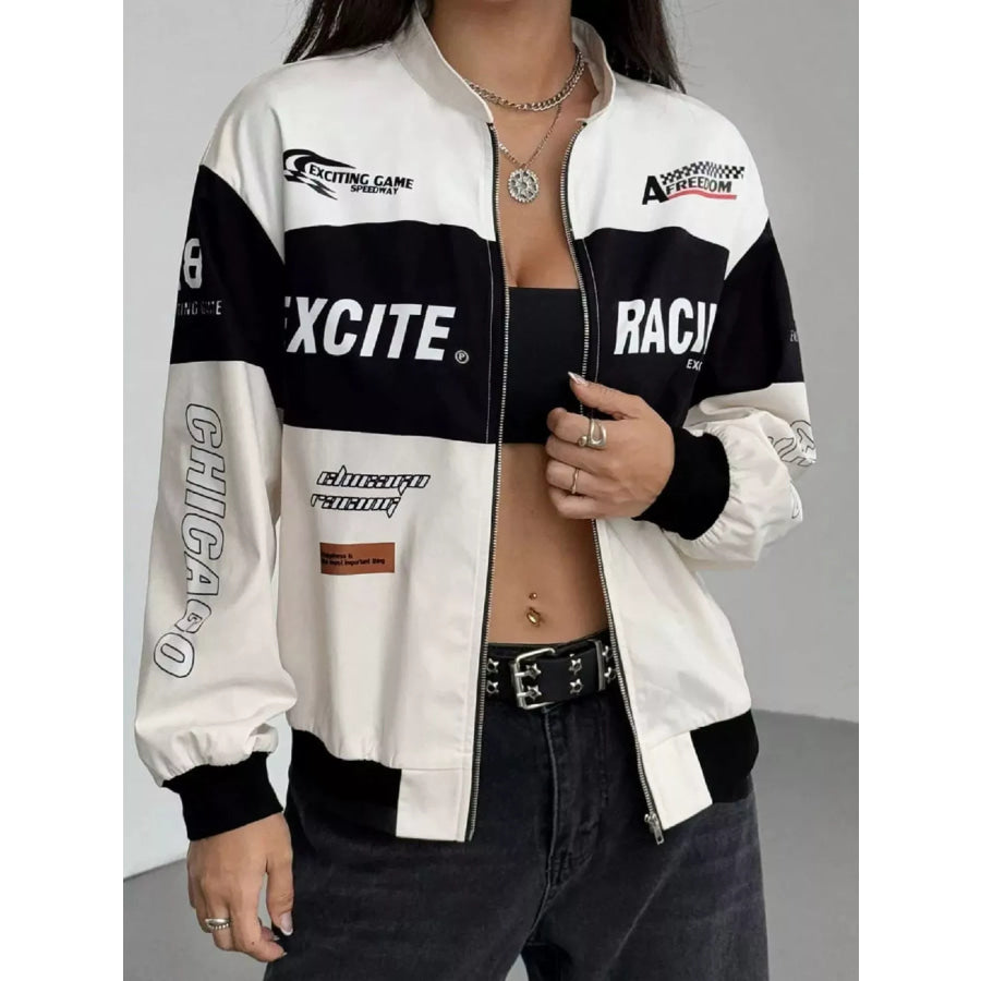 Letter Print Zip Up Jacket Apricot / XS Apparel and Accessories