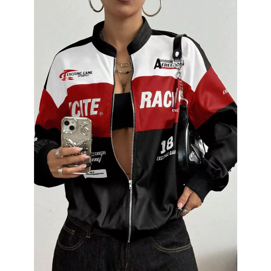 Letter Print Zip Up Jacket Black / XS Apparel and Accessories