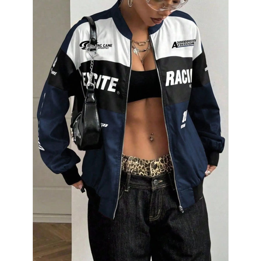 Letter Print Zip Up Jacket Navy Blue / XS Apparel and Accessories