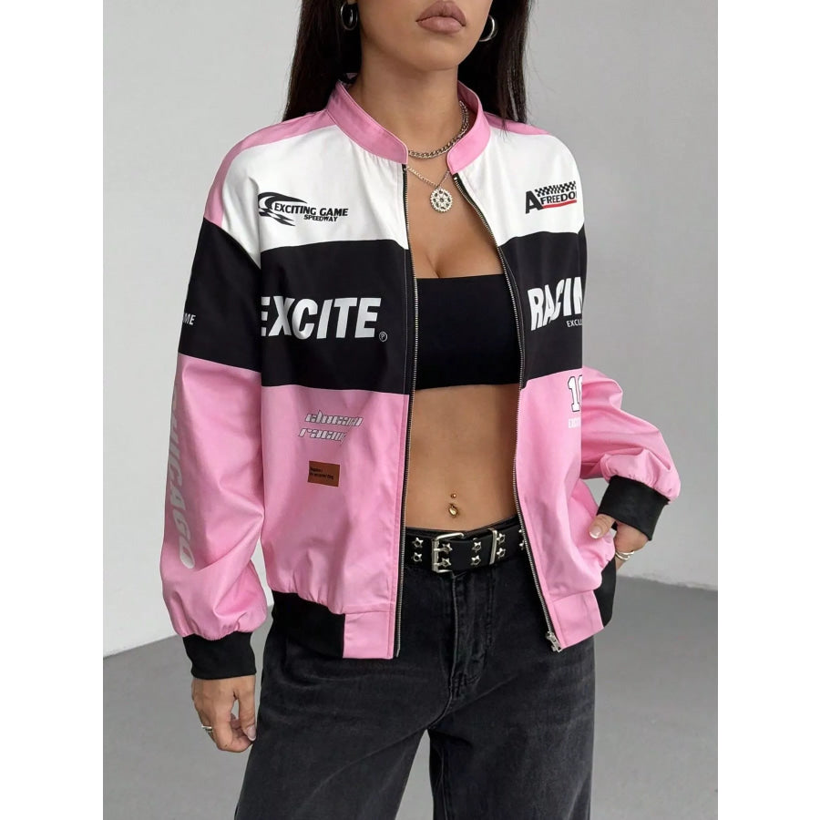 Letter Print Zip Up Jacket Pink / XS Apparel and Accessories