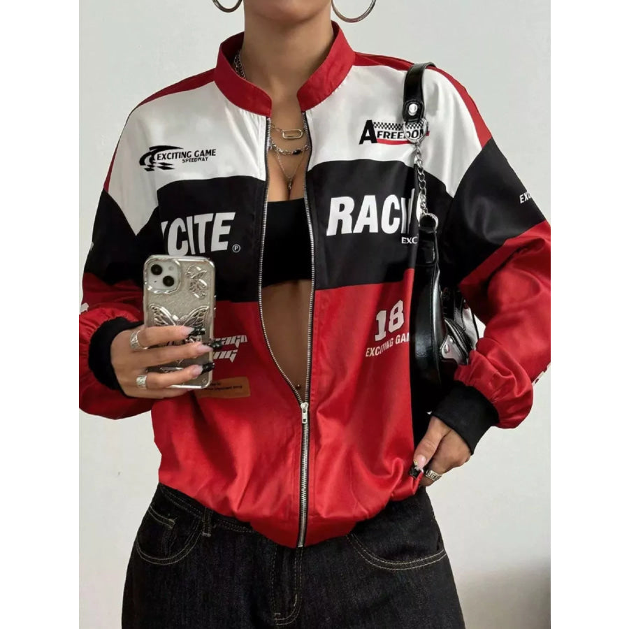 Letter Print Zip Up Jacket Red / XS Apparel and Accessories